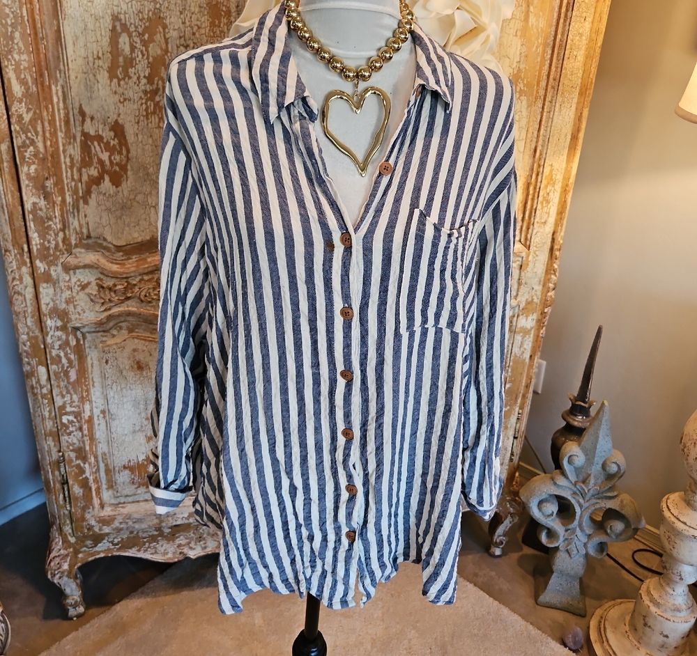 Jane and Delancey Blue and White Striped Button-Down Shirt